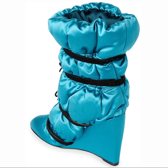 Stuart Weitzman Blue Duvet Wedge Satin SILK Bootie - Picture 7 of 9